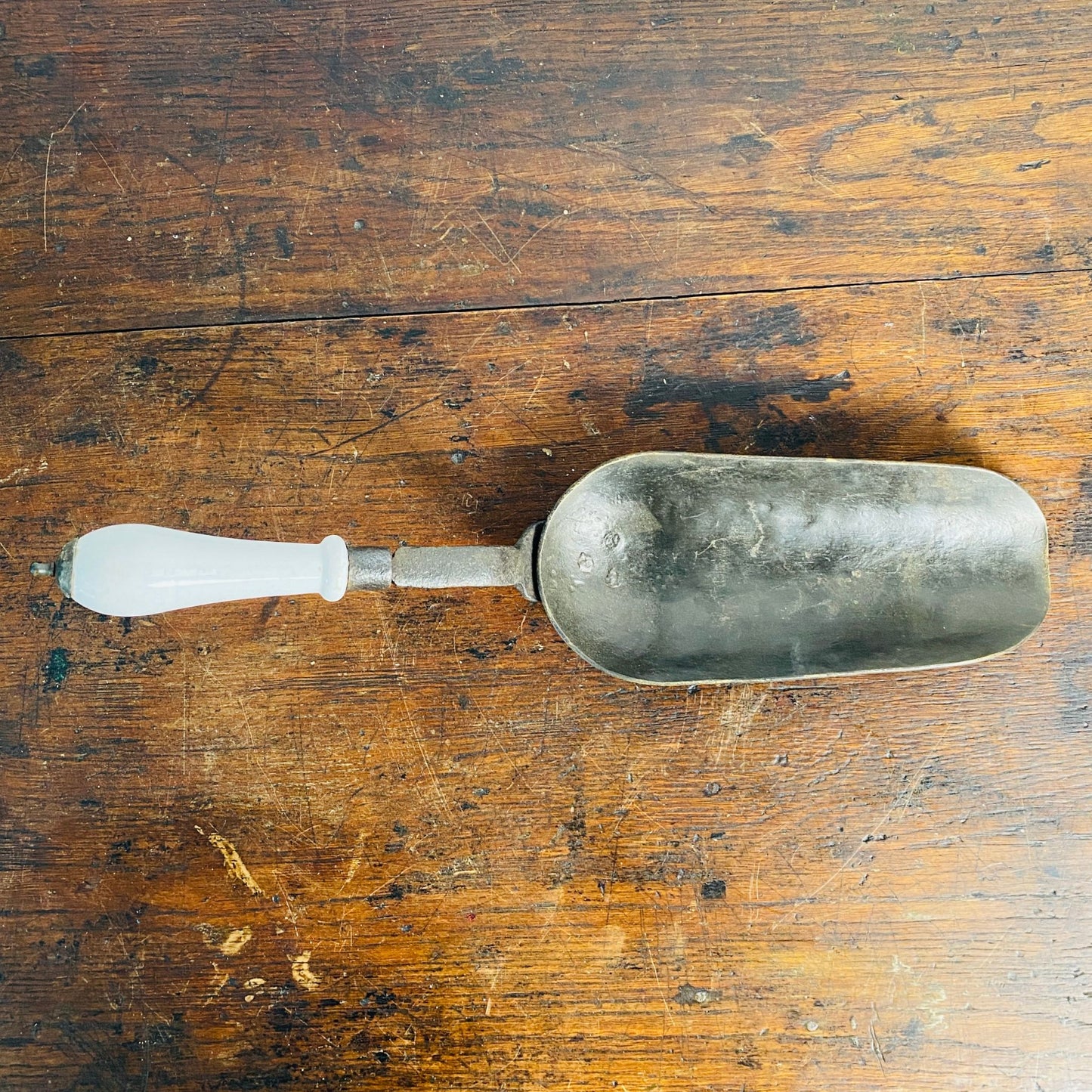 Vintage French Metal Grain Scoop with Ceramic Handle