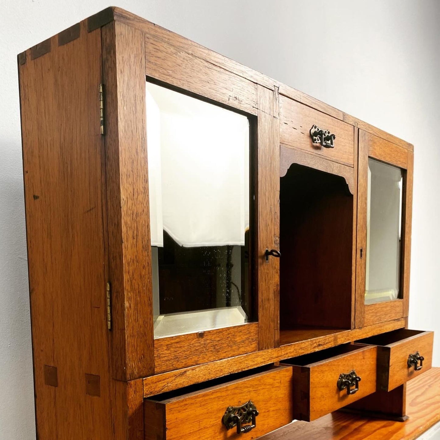 Arts & Crafts Oak Cabinet with Bevelled Mirrors