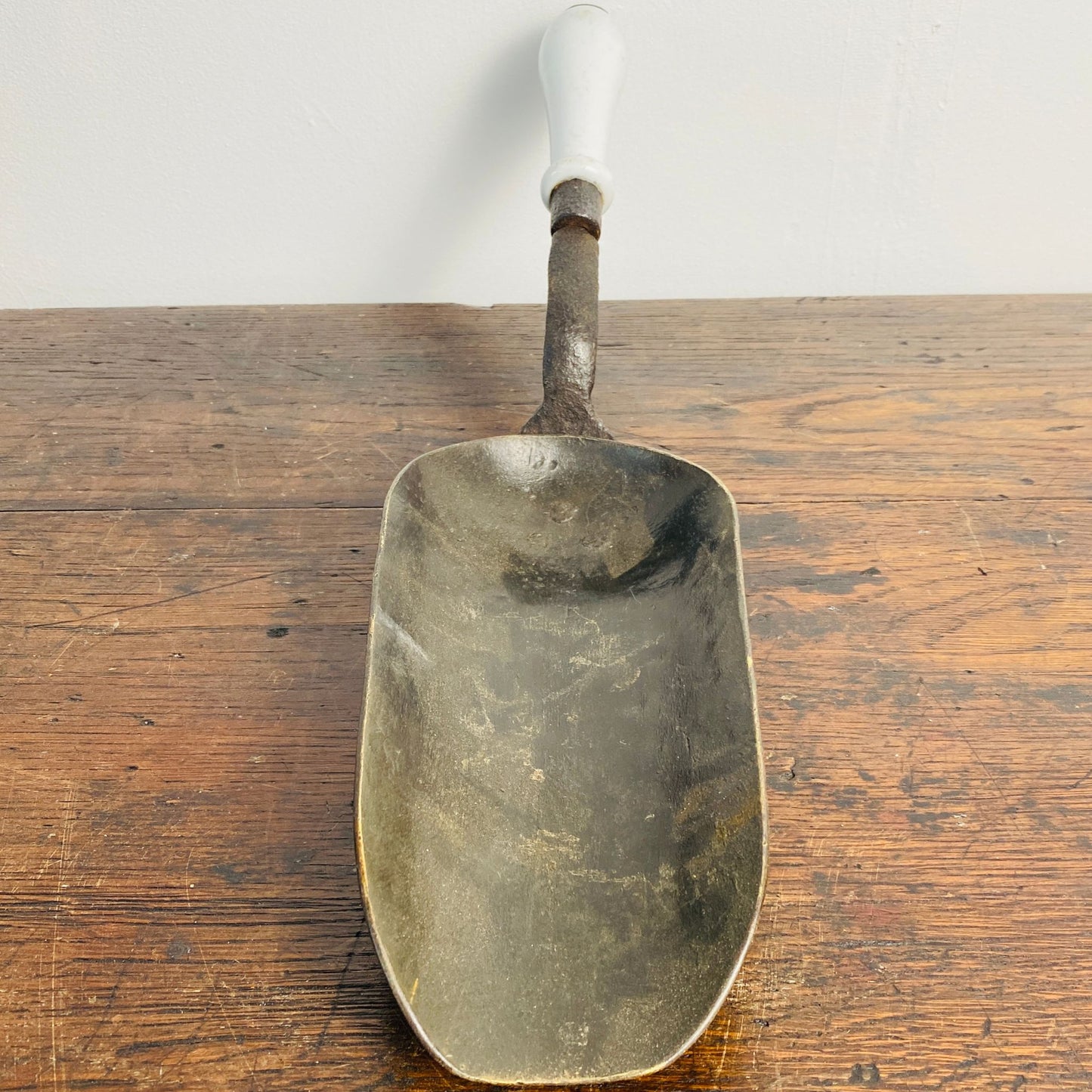 Vintage French Metal Grain Scoop with Ceramic Handle