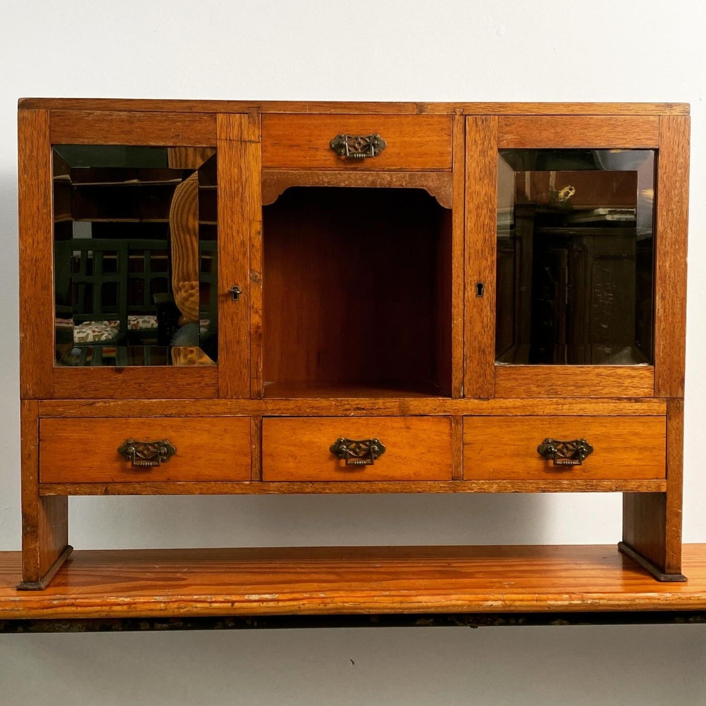 Arts & Crafts Oak Cabinet with Bevelled Mirrors