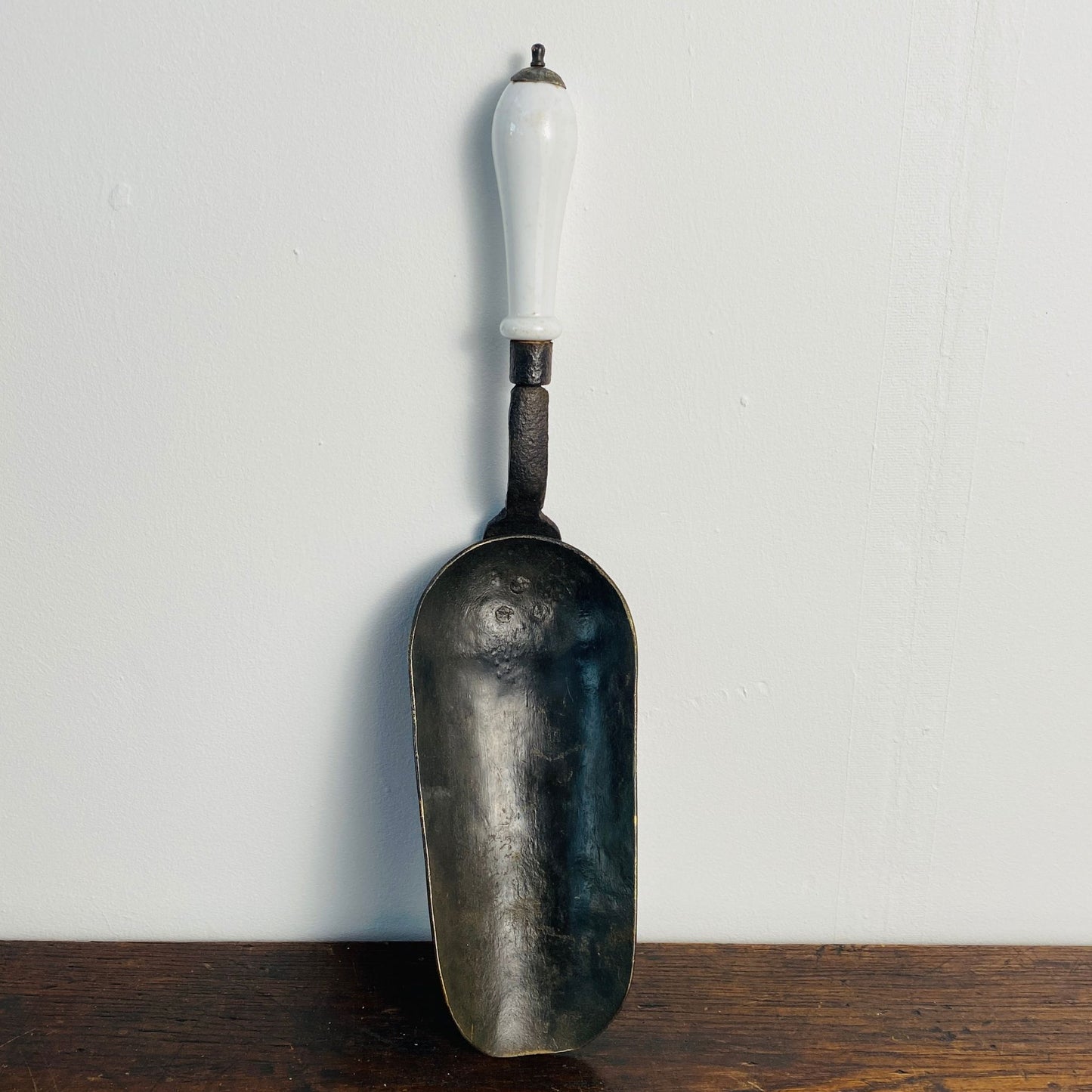 Vintage French Metal Grain Scoop with Ceramic Handle