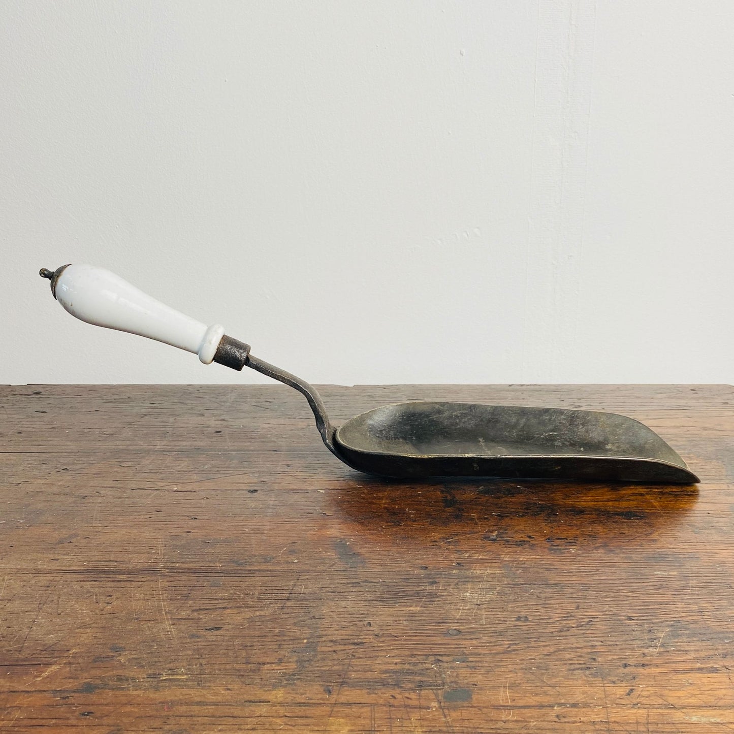 Vintage French Metal Grain Scoop with Ceramic Handle