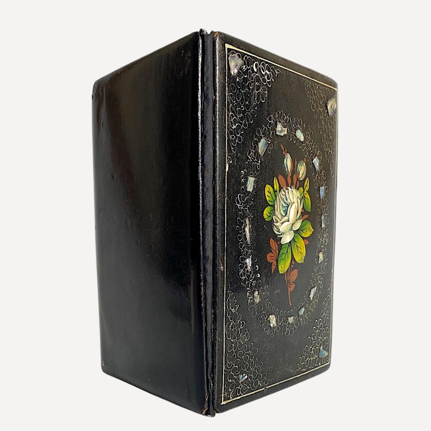 Hand painted flowers on a black Victorian folder with inlayed mother of pearl, 23cm by 18cm, for sale