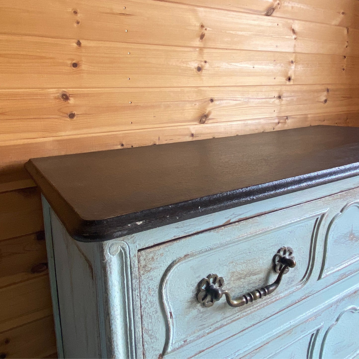 Painted French Oak Commode Style Louis XV chest of drawers with antique patina