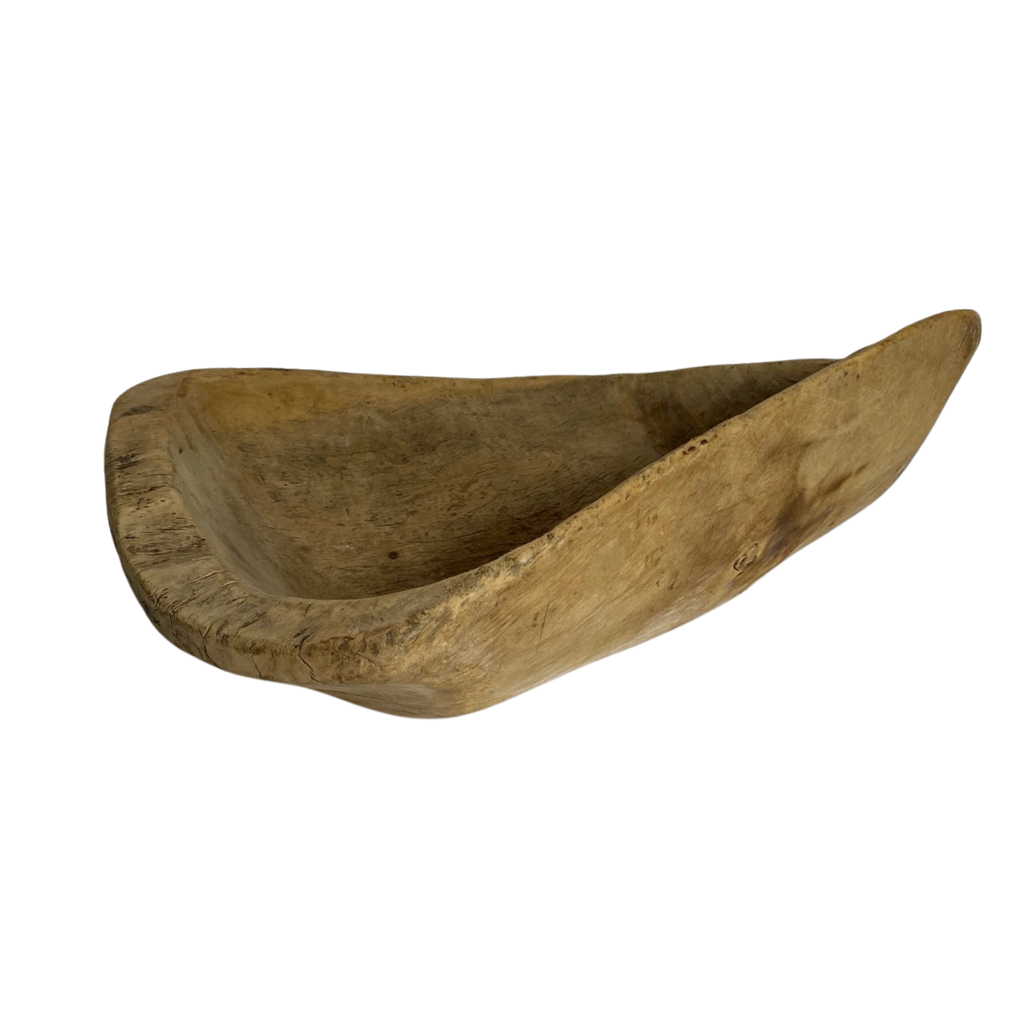 Rustic hand carved wooden bowl, unusual shape, measuring 61cm by 33cm, Asian origin, for sale