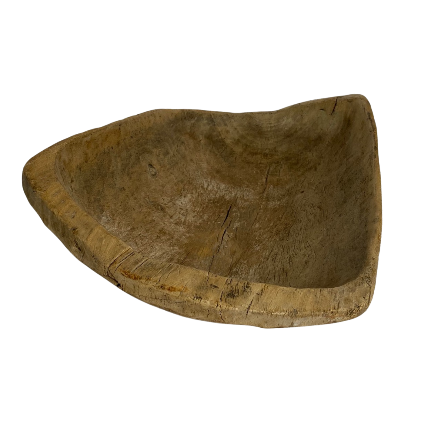 Rustic hand carved wooden bowl, unusual shape, measuring 61cm by 33cm, Asian origin, top down view, for sale