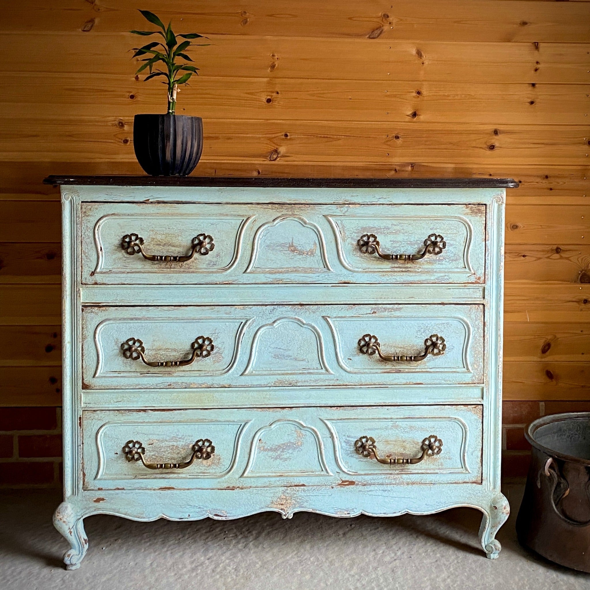 Painted French Oak Commode Style Louis XV chest of drawers with antique patina