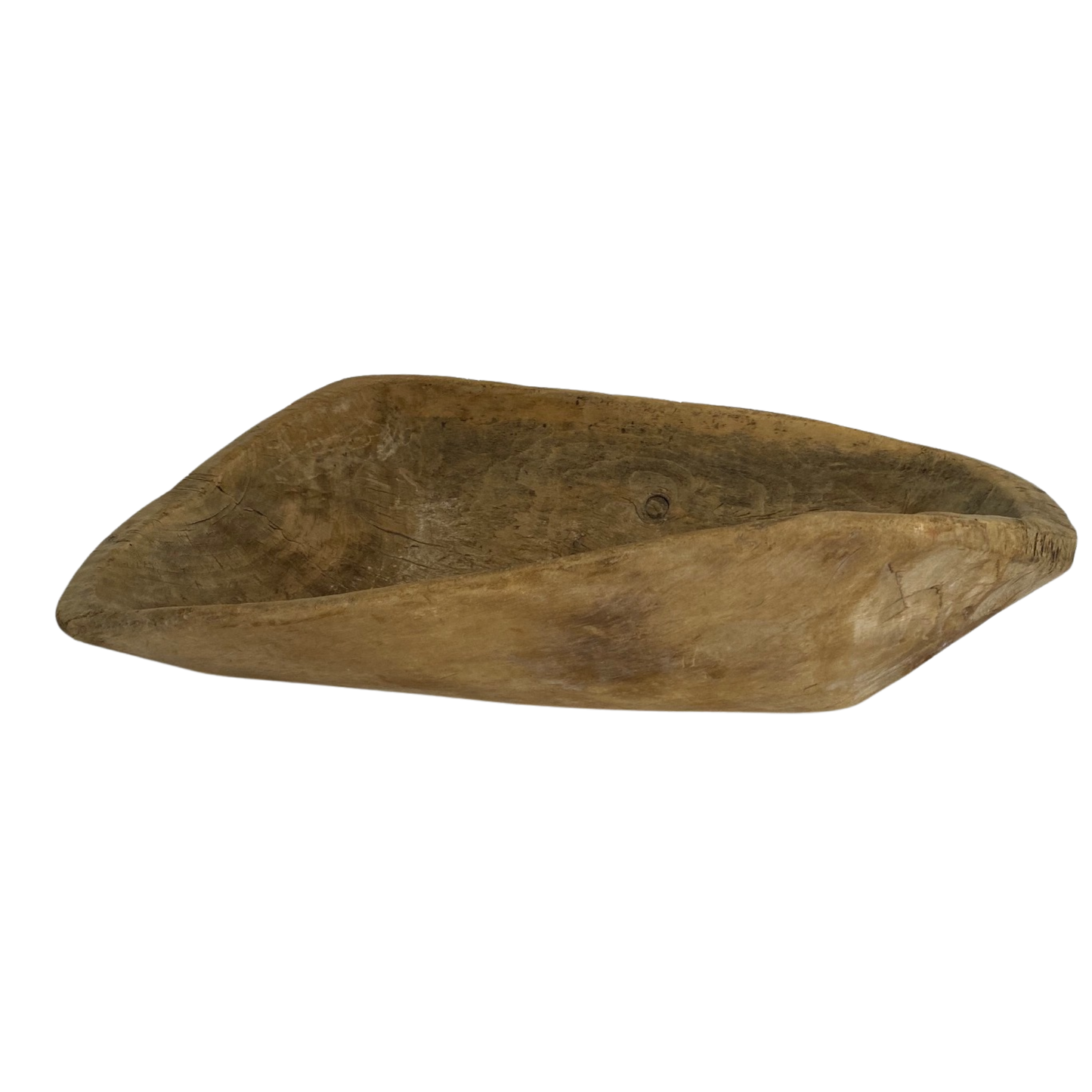 Rustic hand carved wooden bowl, unusual shape, measuring 61cm by 33cm, Asian origin, for sale
