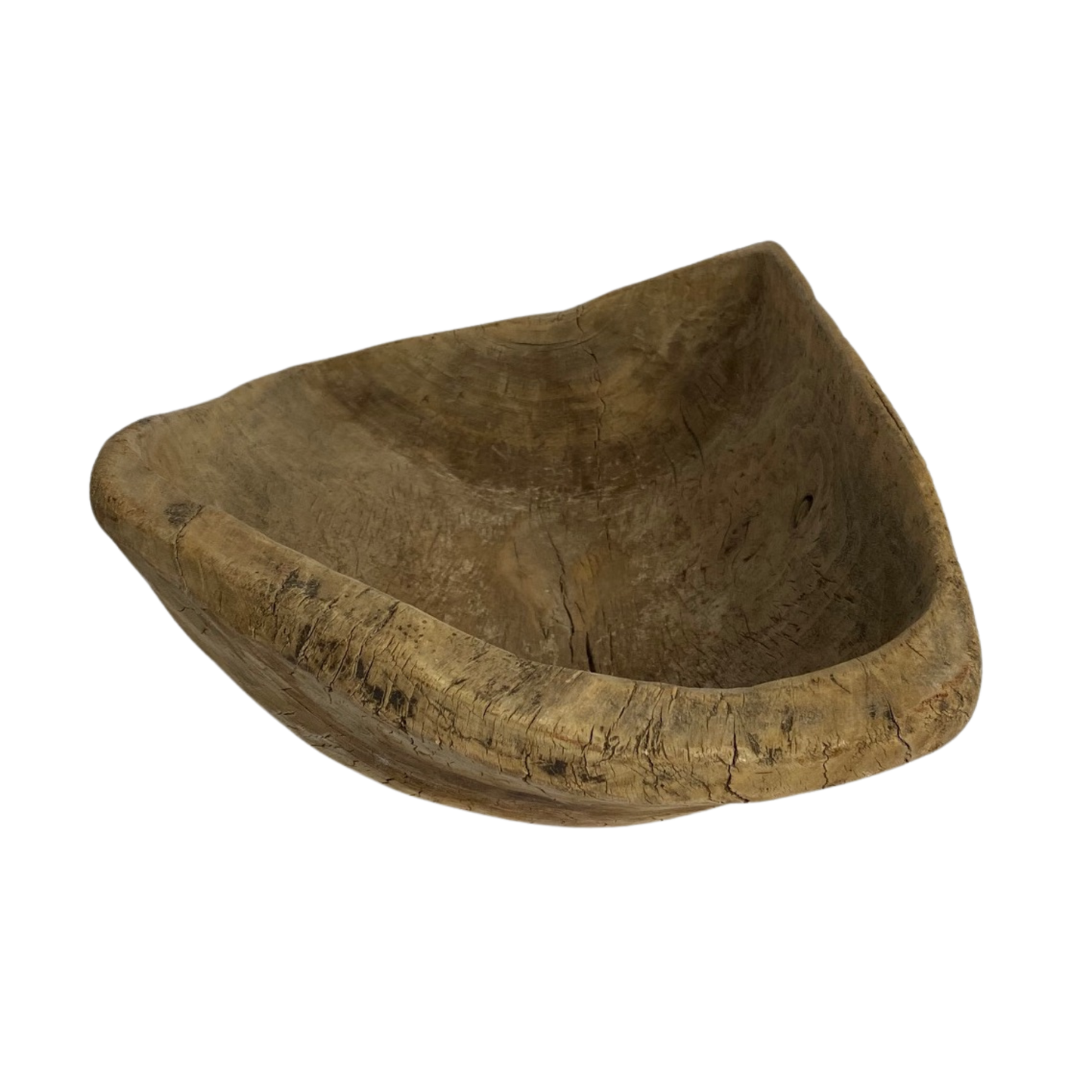 Rustic hand carved wooden bowl, unusual shape, measuring 61cm by 33cm, Asian origin, for sale