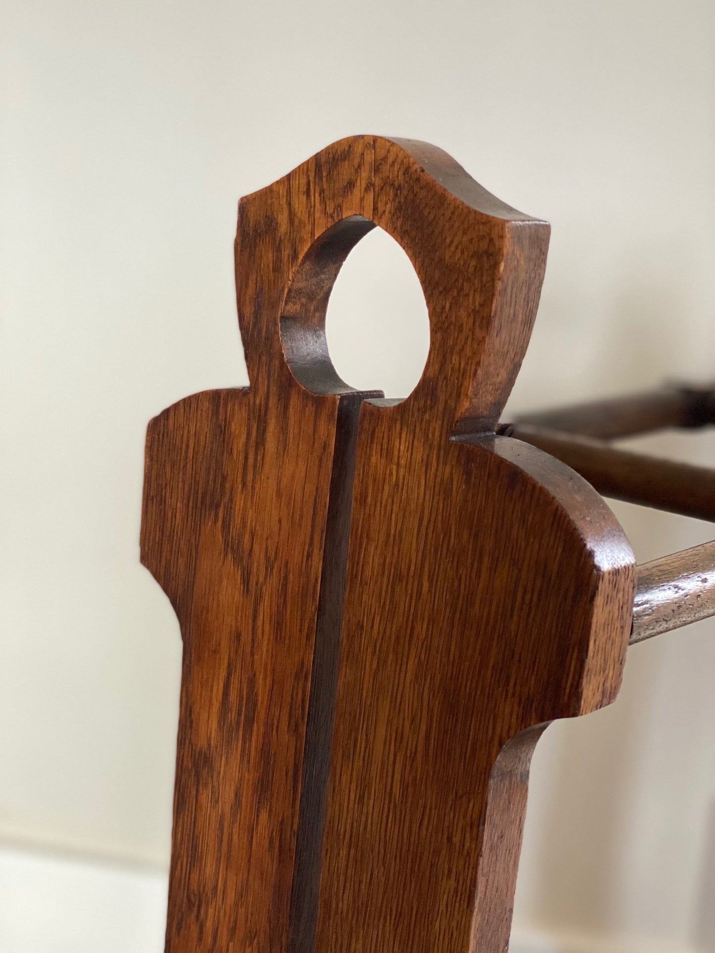 Arts and Crafts stick stand, umbrella stand, made from solid oak with original metal drip tray, heart carved shapes within sides