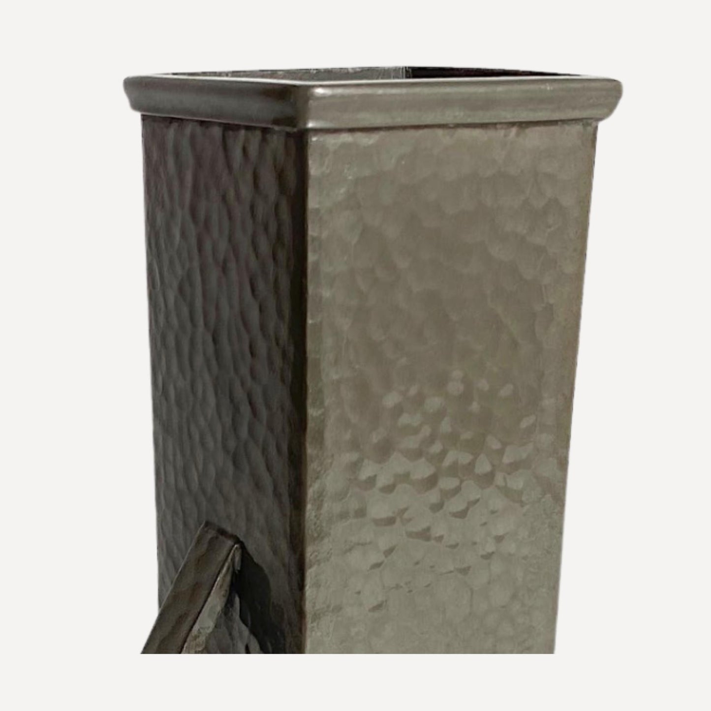 Art deco vase, hand beaten pewter, makers stamp on the base, 20cm tall, 9cm wide, with arm like handles on either side