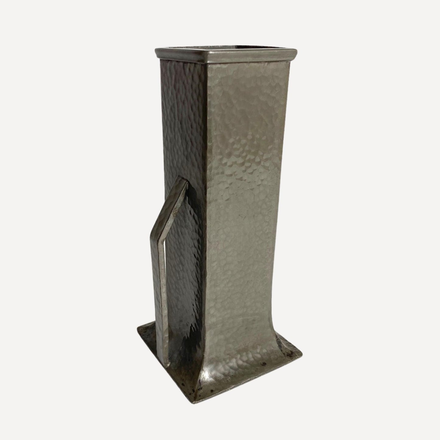Art deco vase, hand beaten pewter, makers stamp on the base, 20cm tall, 9cm wide, with arm like handles on either side