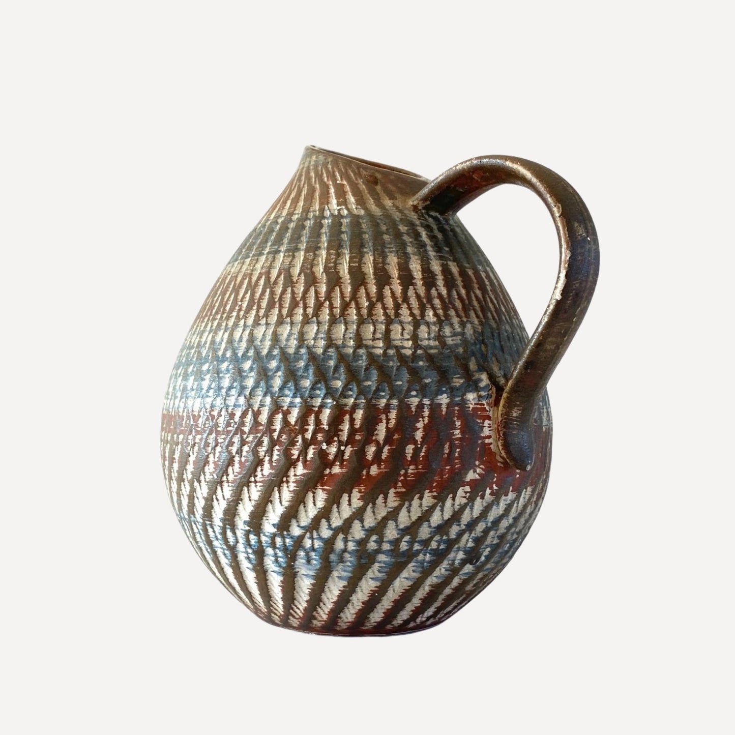 Dumler and Breiden studio art pottery jug, small spout, with handle, stamped and numbered on the base by artist Dee Cee, for sale