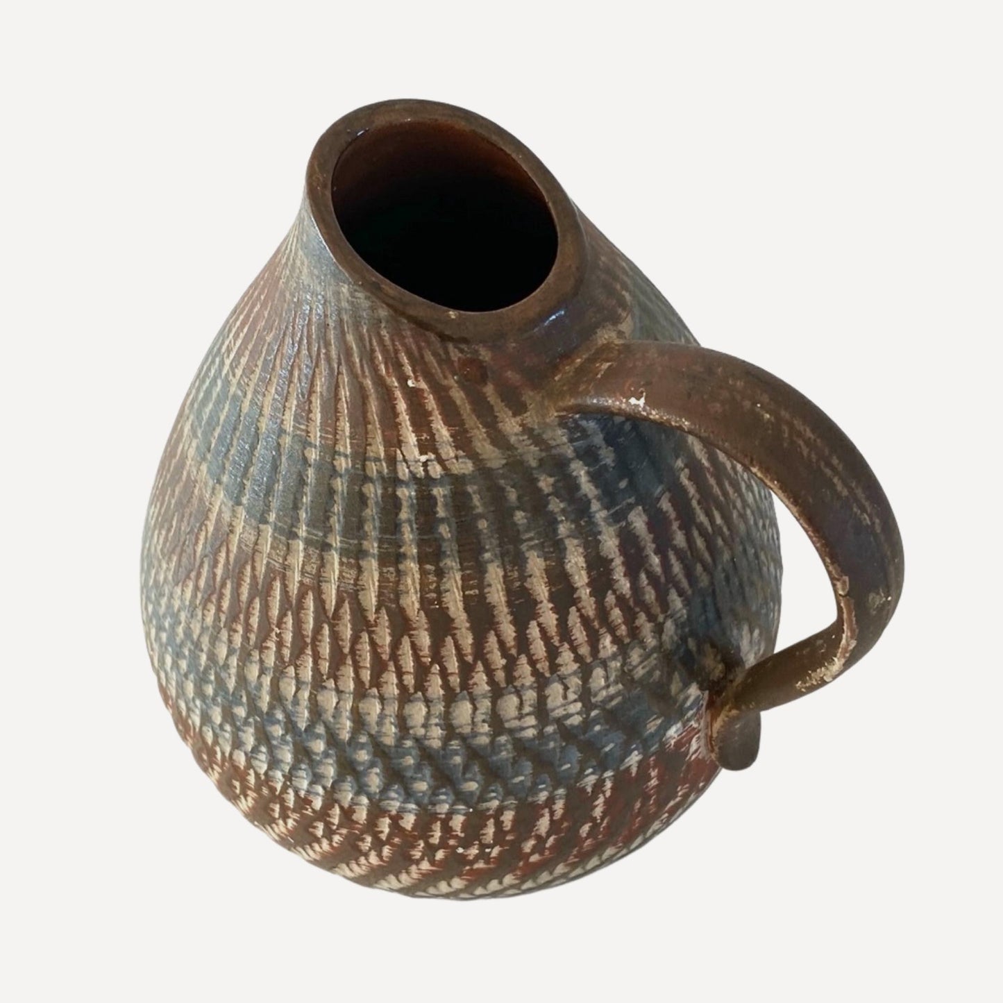 Dumler and Breiden studio art pottery jug, small spout, with handle, stamped and numbered on the base by artist Dee Cee, for sale
