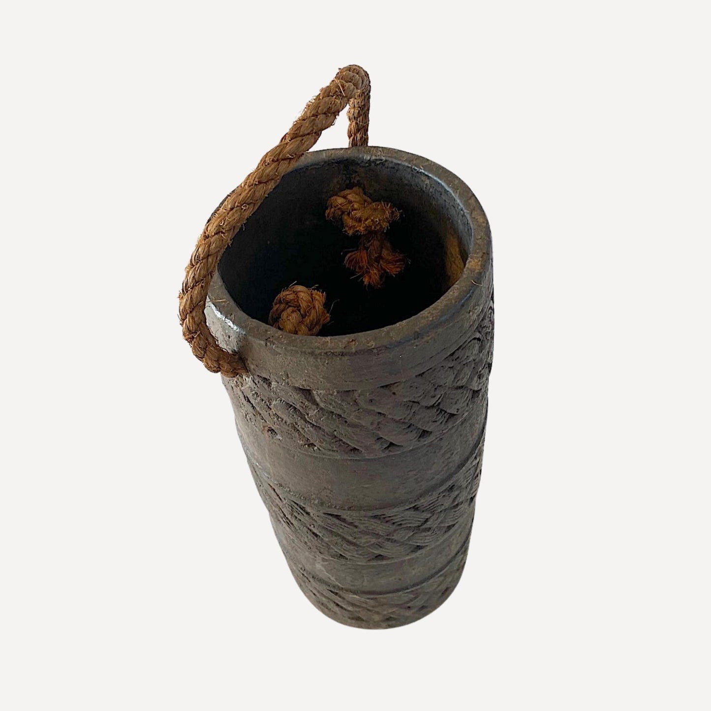 19th Century hand carved, wooden Nepalese Measuring vessel, rope handle, 31cm tall, top down view, for sale