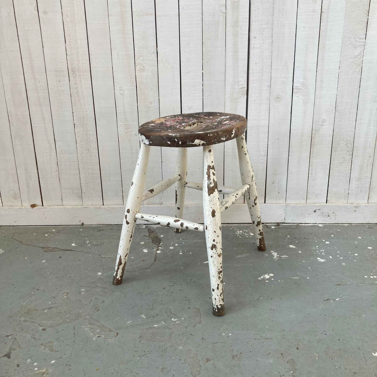 Vintage White Stool with Seat Grip