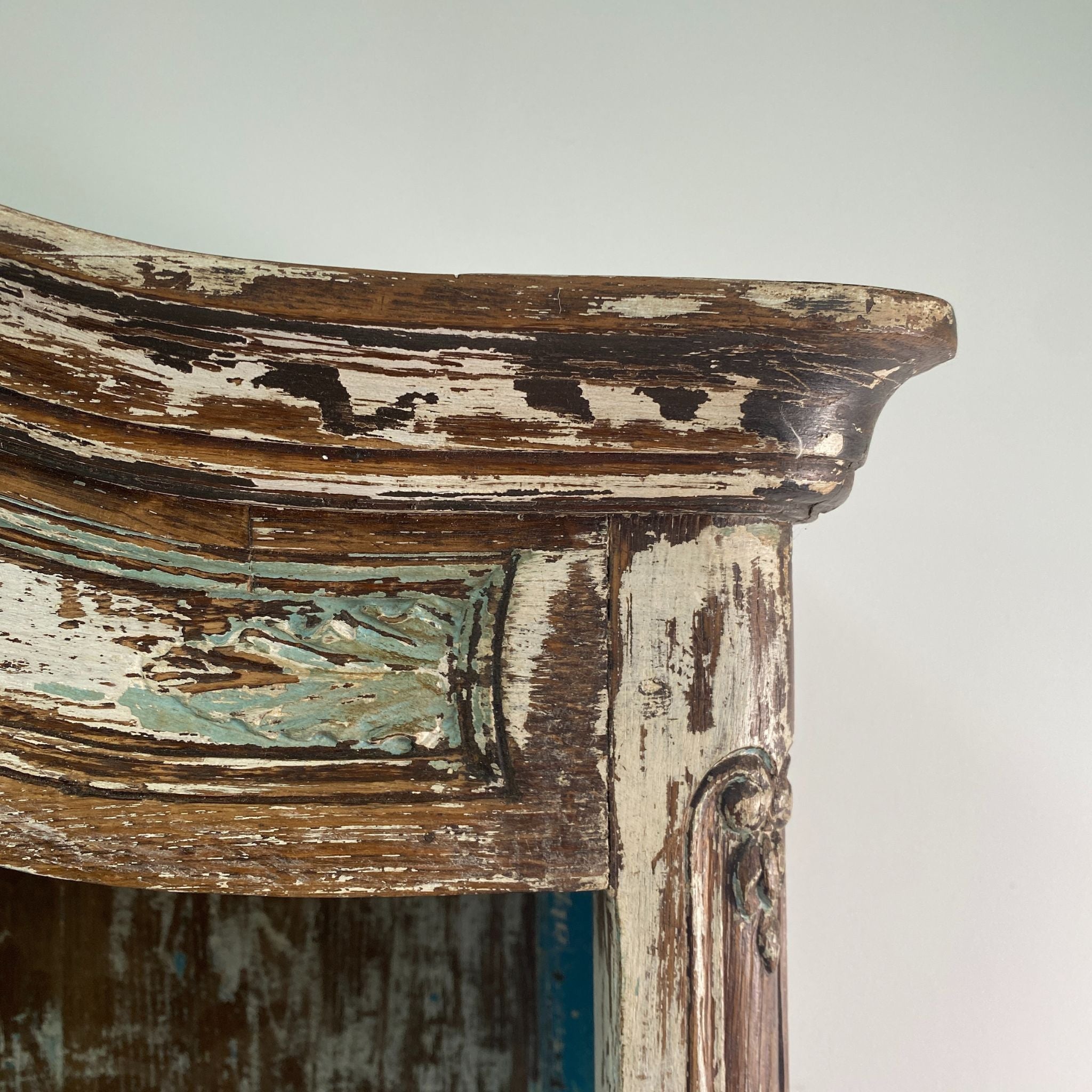 Top edge detail of a Stripped Oak Dresser with an aged patina in the style of a French Library