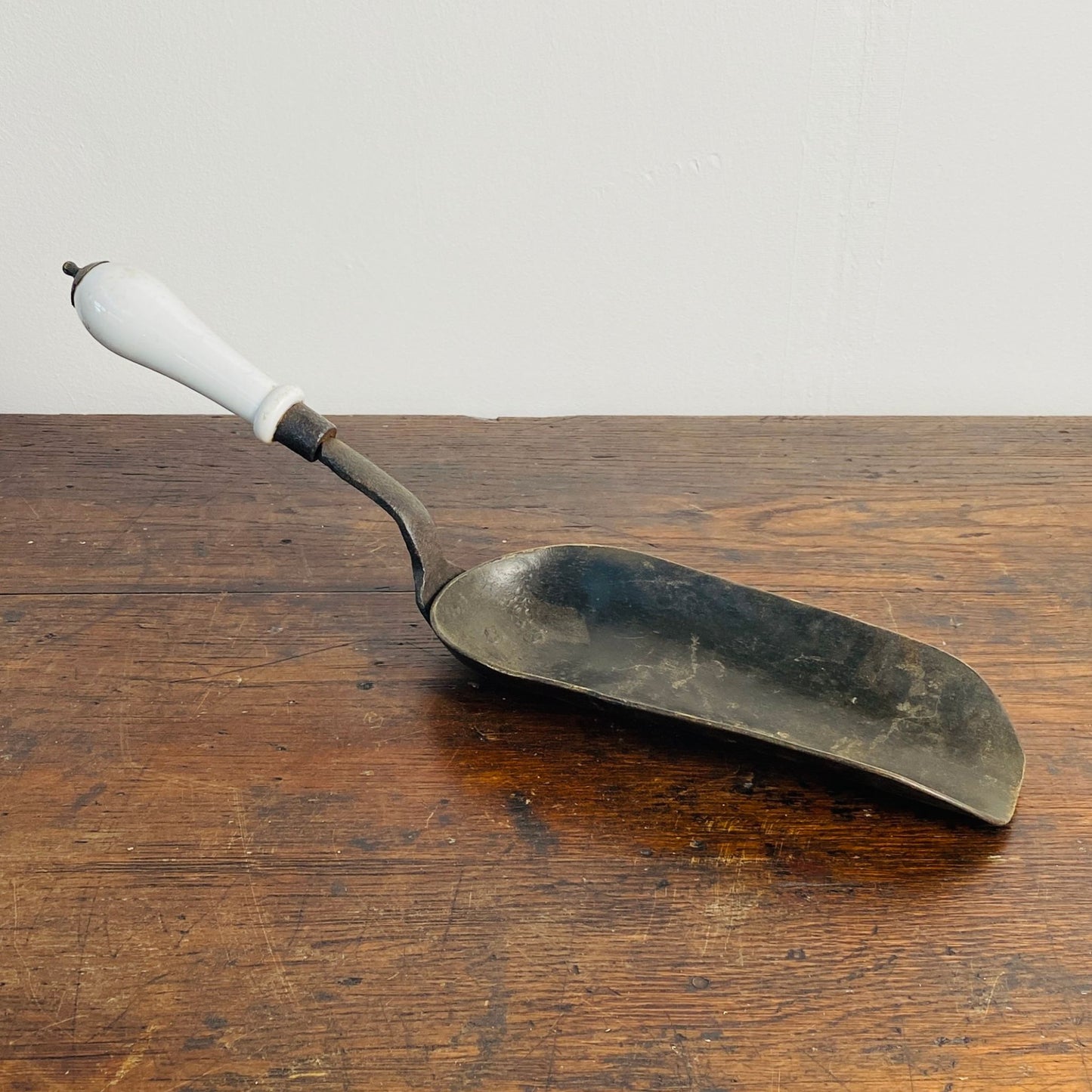 Vintage French Metal Grain Scoop with Ceramic Handle