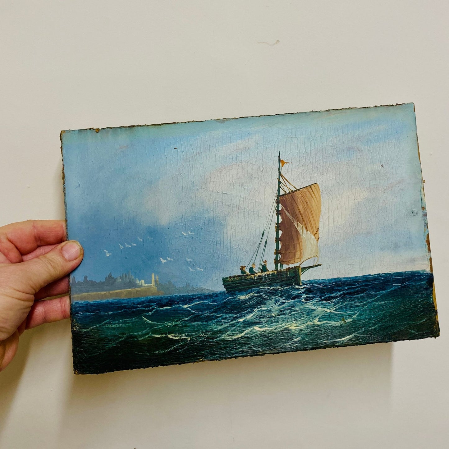 Vintage Sailing Boat Oil On Board