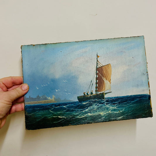 Vintage Sailing Boat Oil On Board
