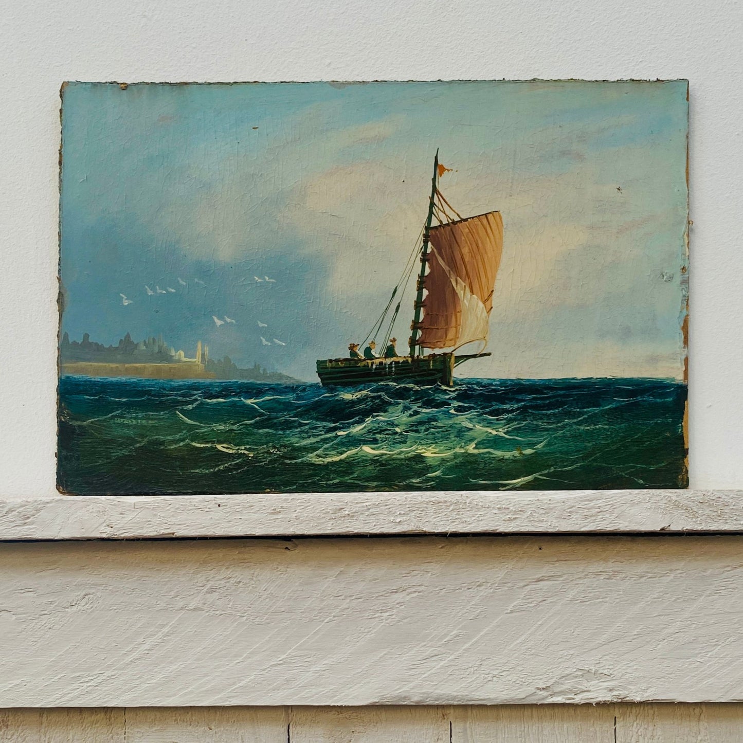 Vintage Sailing Boat Oil On Board
