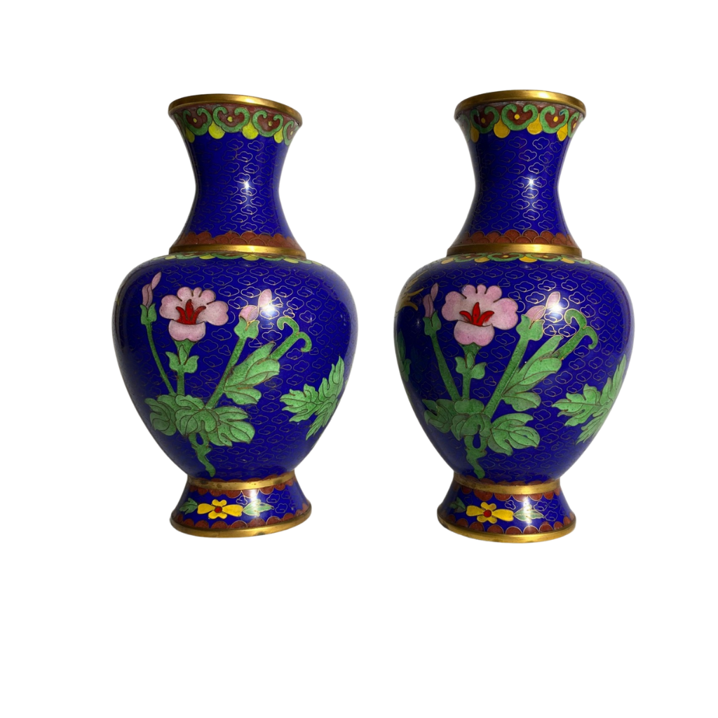 Pair of Matching Victorian Cloisonne Vases, flower design, 20th Century, 21cm tall, for sale