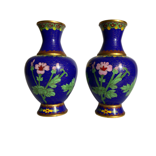 Pair of Matching Victorian Cloisonne Vases, flower design, 20th Century, 21cm tall, for sale