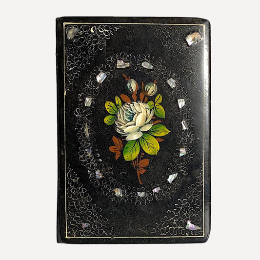 Hand painted flowers on a black Victorian folder with inlayed mother of pearl, 23cm by 18cm, for sale