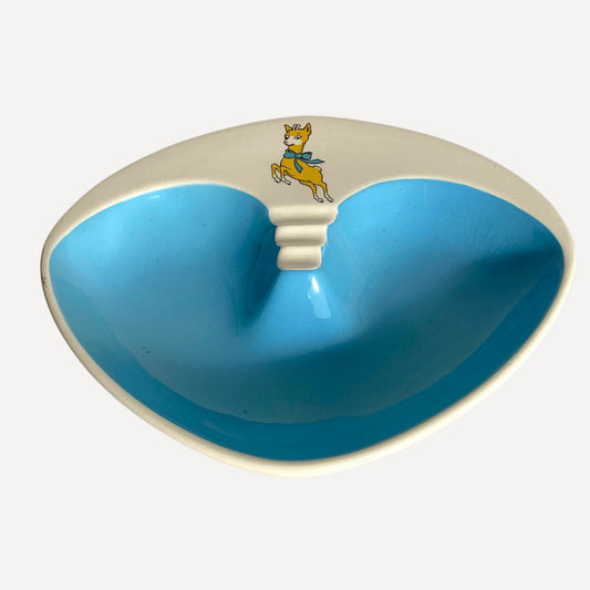 Vintage Babycham branded ceramic ashtray, white and pale blue colour, Mid century, 1960s, stamped Beswick England