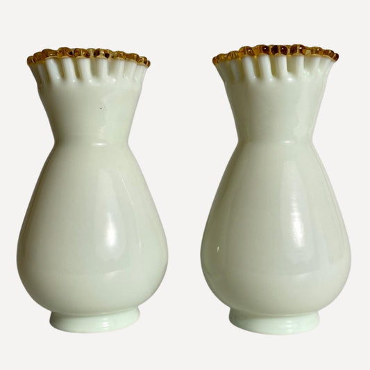 Pair of cream glass Victorian vases with gold edging around pleated rim, 16cm tall
