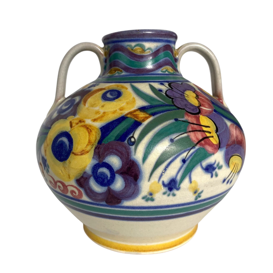 Hand painted floral design Poole pottery vase with two shoulder handles, 1920s art deco, stamped on base, 17cm tall, for sale