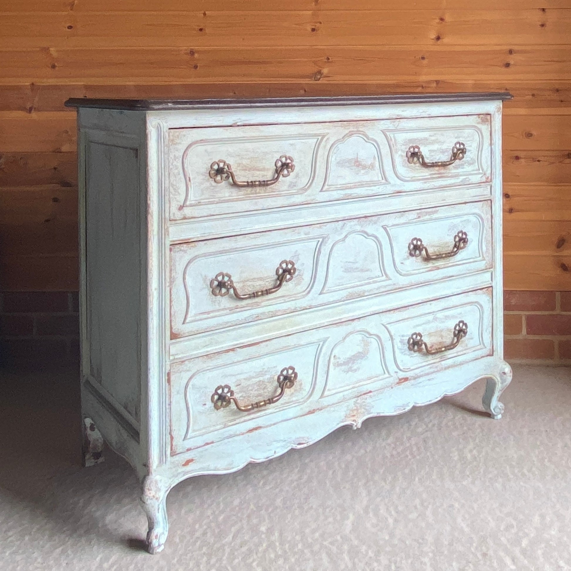 Painted French Oak Commode Style Louis XV chest of drawers with antique patina