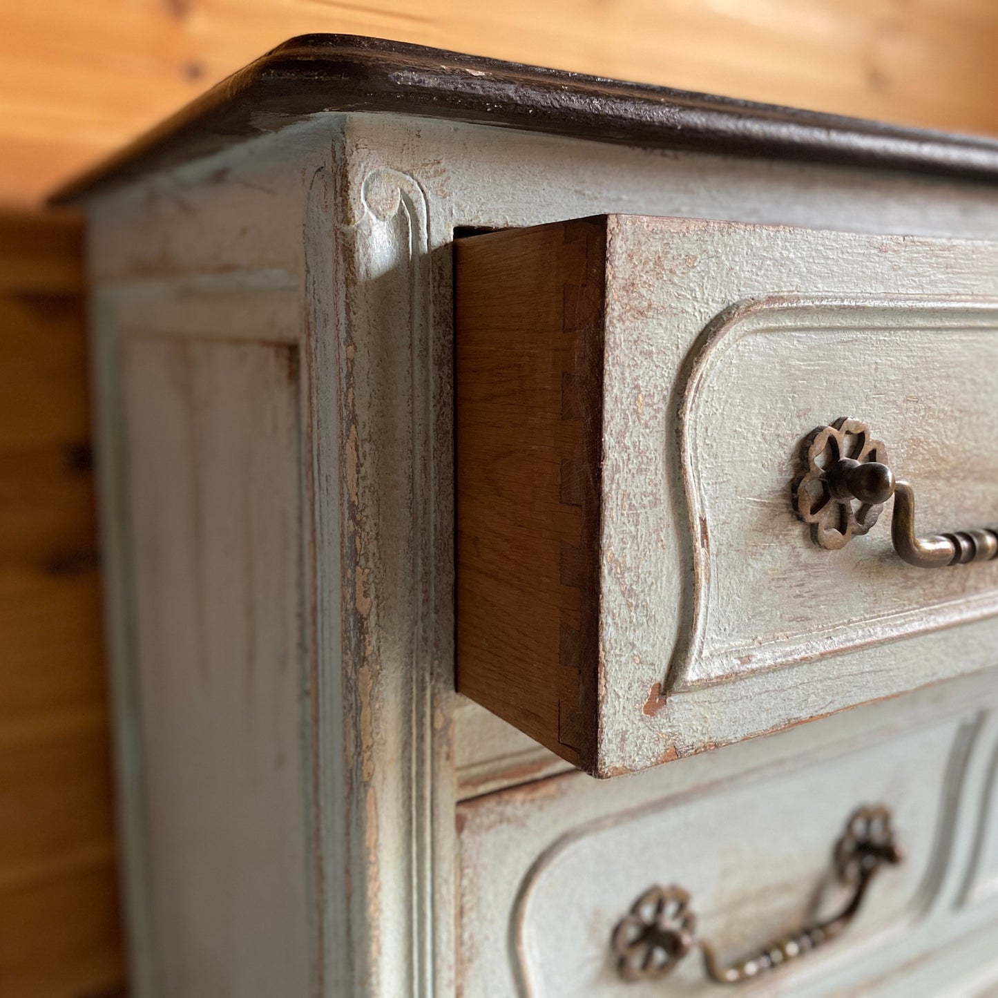 Painted French Oak Commode Style Louis XV chest of drawers with antique patina