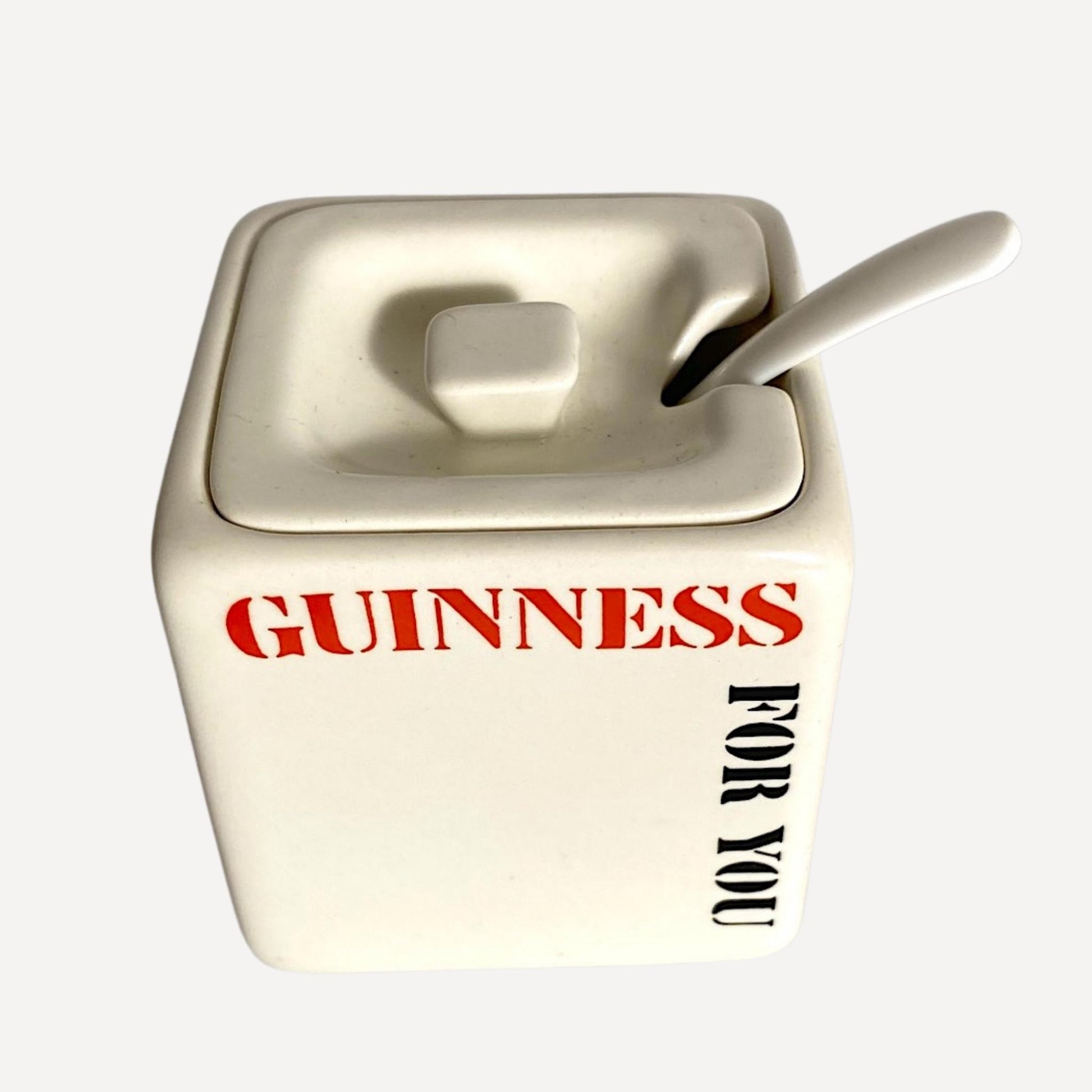 Guinness promotional Mustard Pot with spoon, Marked with Guinness for you logo, authentic Carlton Ware pottery and stamped on base, for sale