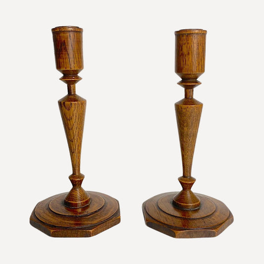 Pair of Arts and Crafts oak candle holders with brass cups, octagonal cobweb base, 21cm high, for sale