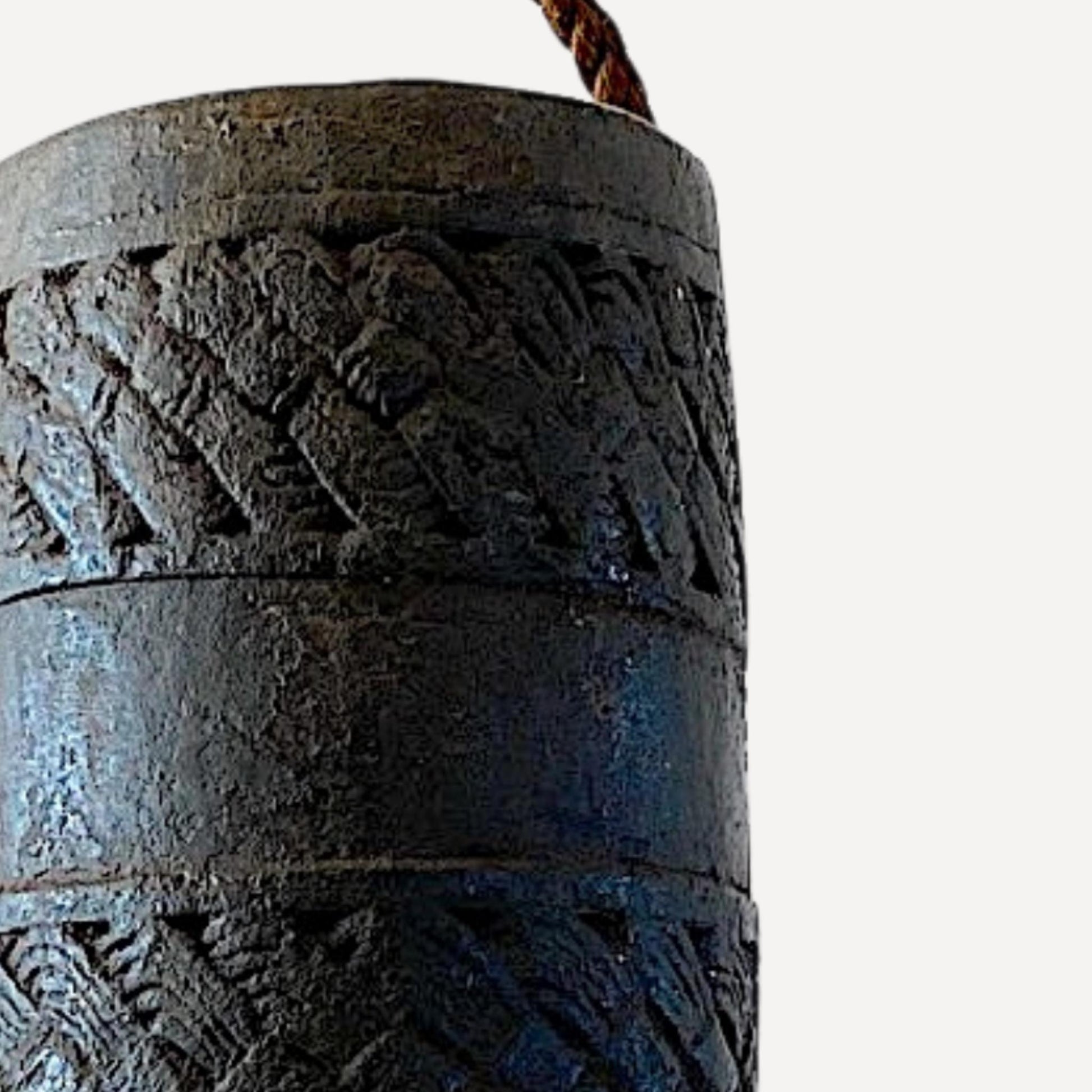 19th Century hand carved, wooden Nepalese Measuring vessel, rope handle, 31cm tall, for sale