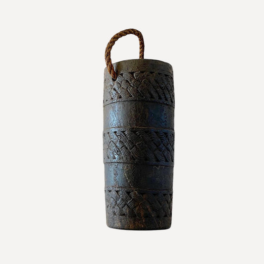 19th Century hand carved, wooden Nepalese Measuring vessel, rope handle, 31cm tall, for sale