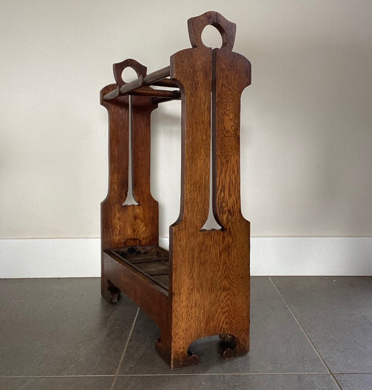 Arts and Crafts stick stand, umbrella stand, made from solid oak with original metal drip tray