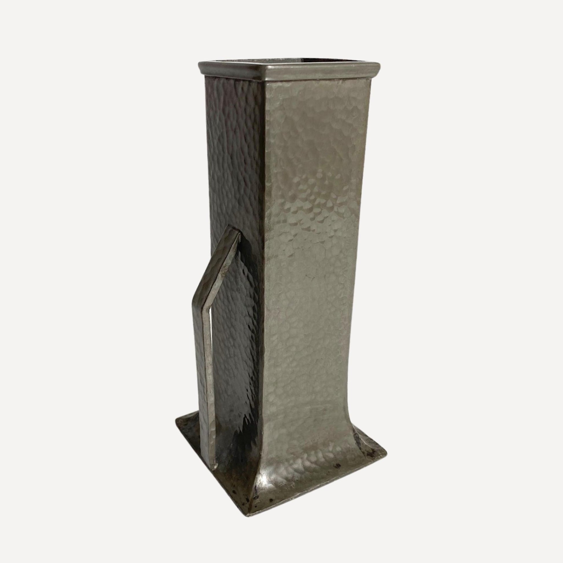 Art deco vase, hand beaten pewter, makers stamp on the base, 20cm tall, 9cm wide, with arm like handles on either side